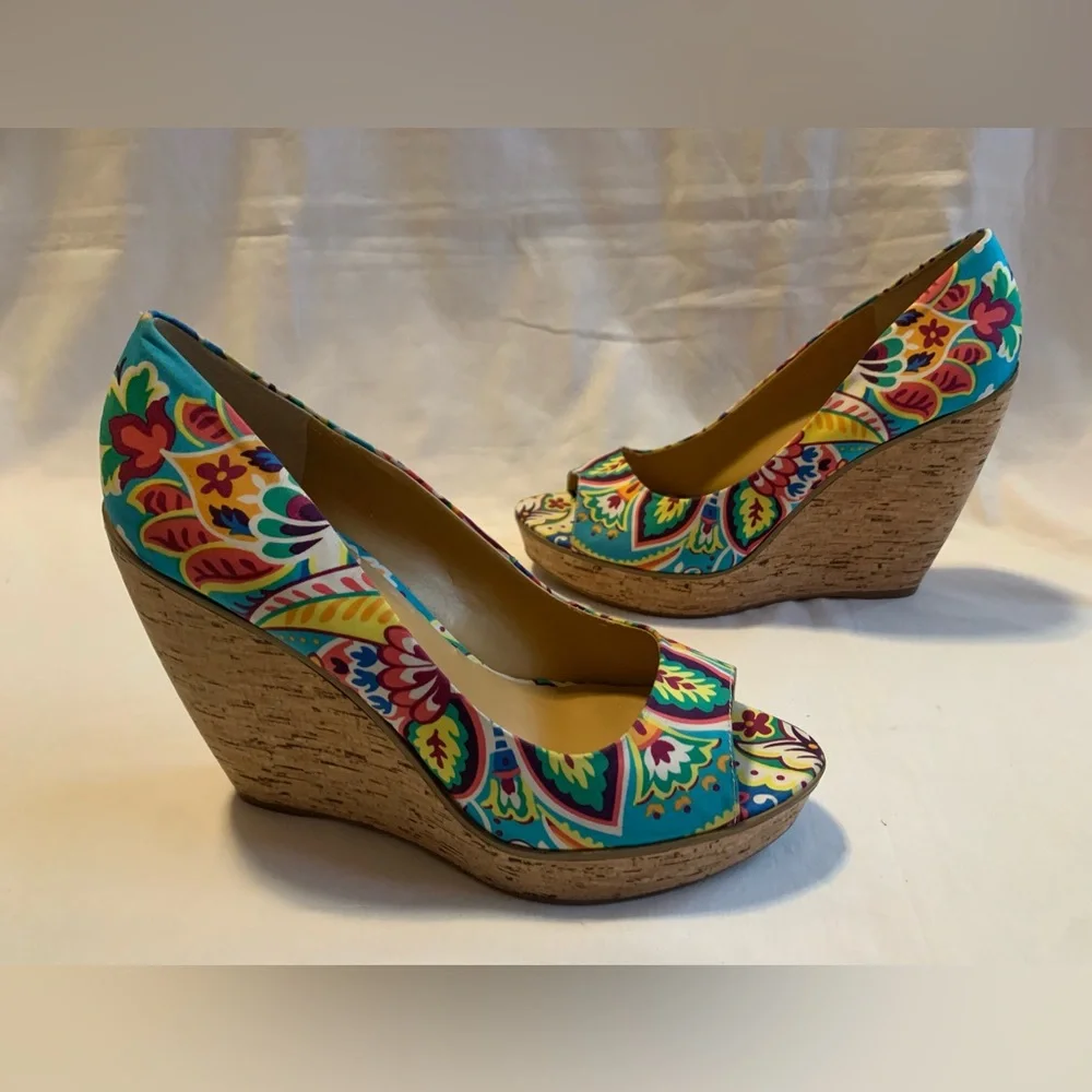 Vibrant Multicolor Floral Print Cork Wedge Heels